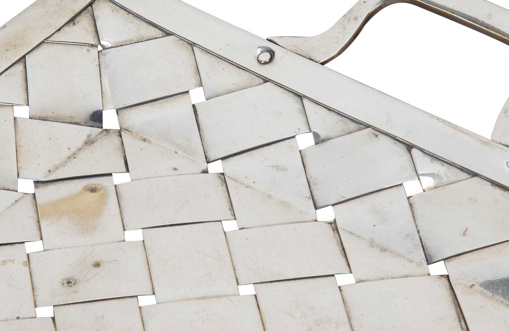 Decorative mid-century Italian basket-weave worn silver plate aperitif tray with handles