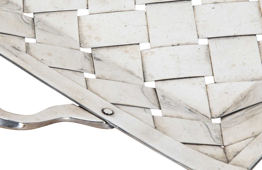 Decorative mid-century Italian basket-weave worn silver plate aperitif tray with handles