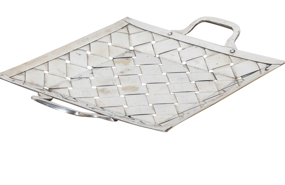 Decorative mid-century Italian basket-weave worn silver plate aperitif tray with handles