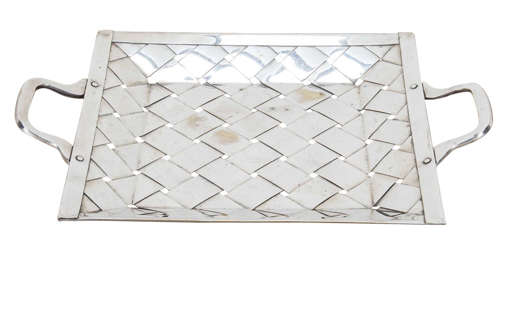 Decorative mid-century Italian basket-weave worn silver plate aperitif tray with handles
