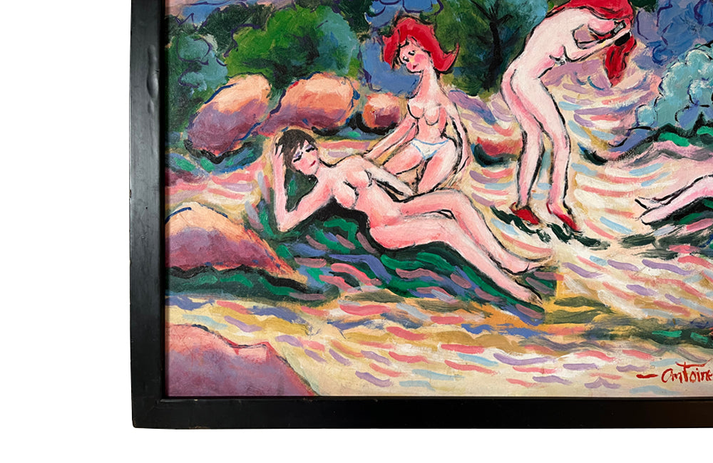 Signed oil on board of four female nudes at the foot of the iconic Mont St Victoire near Aix-en-Provence.