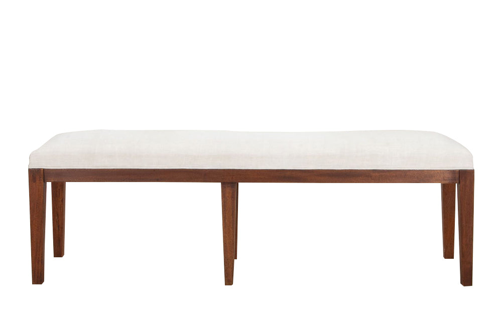 Mid century bench French upholstered bench or banquette upholstered in antique hemp linen. 