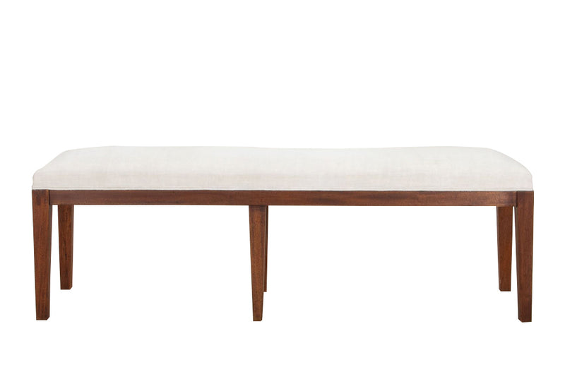 Mid century bench French upholstered bench or banquette upholstered in antique hemp linen. 
