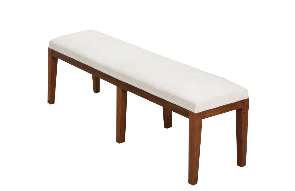 Mid century bench French upholstered bench or banquette upholstered in antique hemp linen. 