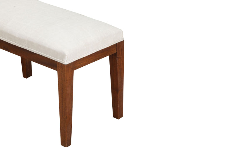 Mid century bench French upholstered bench or banquette upholstered in antique hemp linen. 