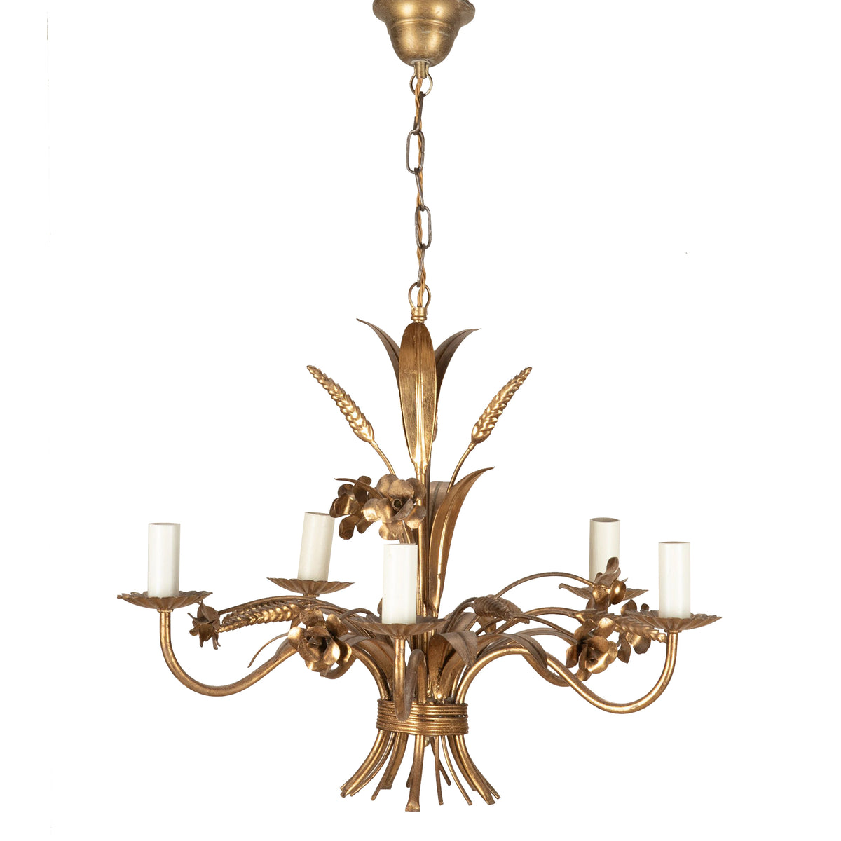 Mid-Century French Hollywood Regency style, gilt metal wheat and floral chandelier.