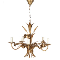 Mid-Century French Hollywood Regency style, gilt metal wheat and floral chandelier.