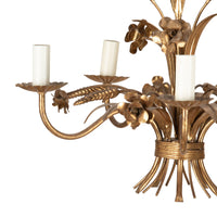 Mid-Century French Hollywood Regency style, gilt metal wheat and floral chandelier.