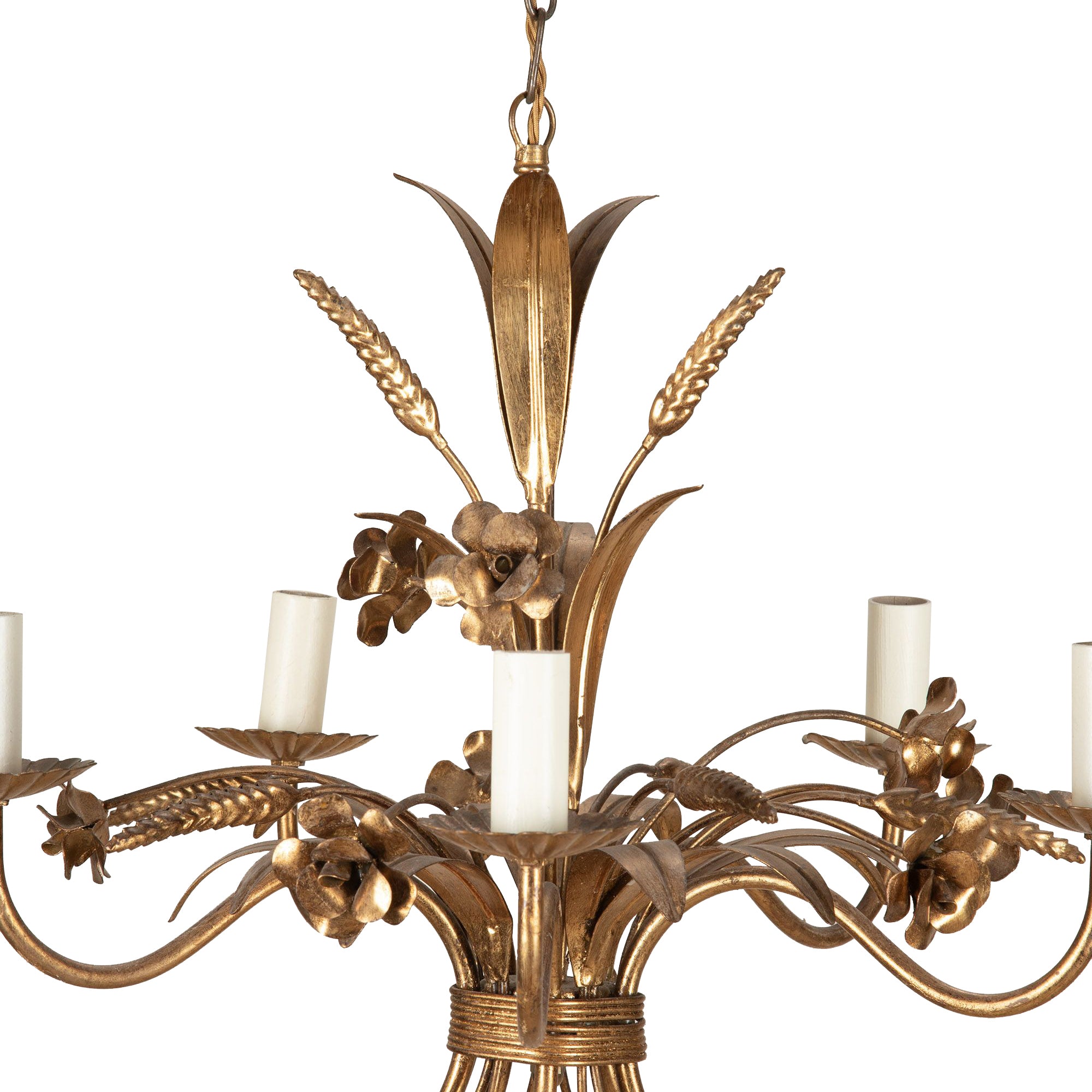 Mid-Century French Hollywood Regency style, gilt metal wheat and floral chandelier.