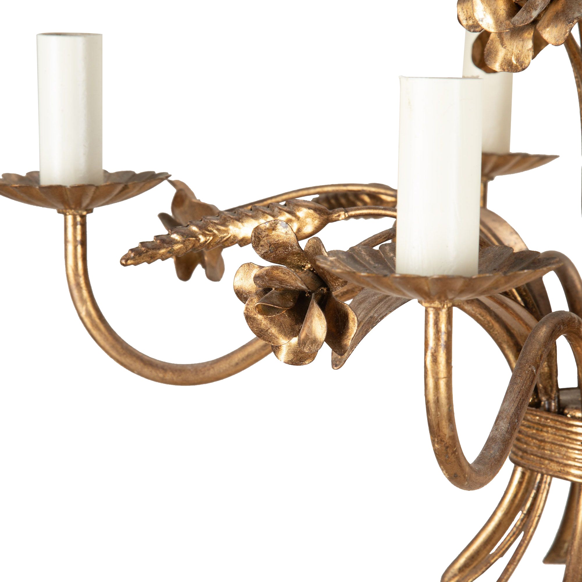 Mid-Century French Hollywood Regency style, gilt metal wheat and floral chandelier.
