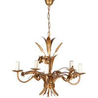 Mid-Century French Hollywood Regency style, gilt metal wheat and floral chandelier.