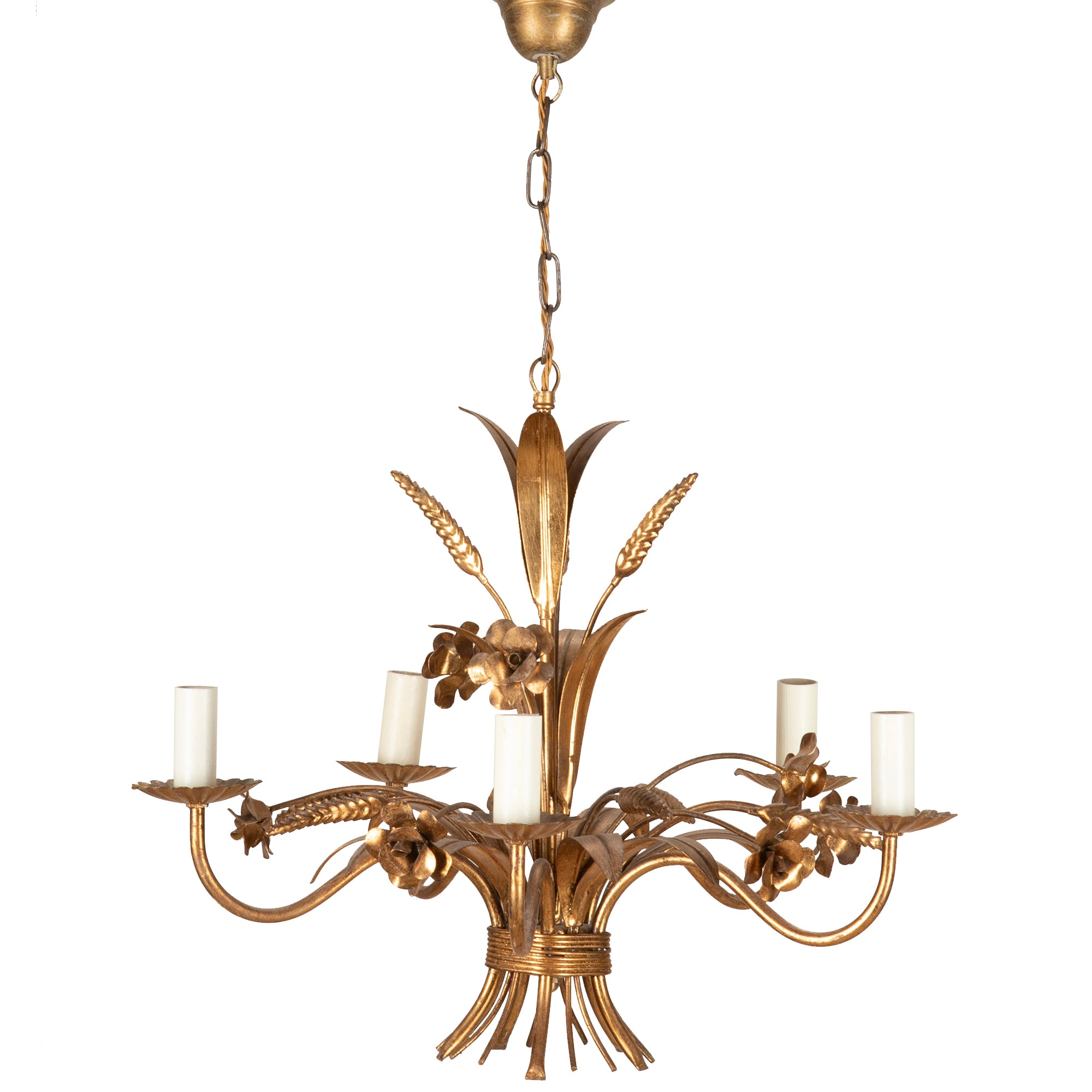 Mid-Century French Hollywood Regency style, gilt metal wheat and floral chandelier.
