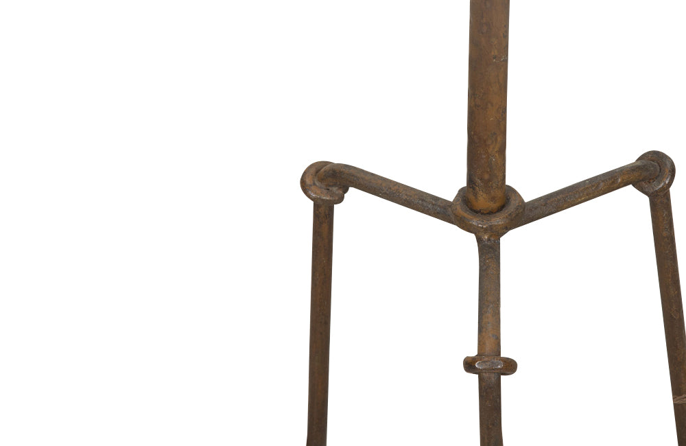 1950's Spanish gilt iron floor lamp of great decorative design with ringed stem and angular tripod base.