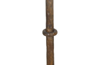 1950's Spanish gilt iron floor lamp of great decorative design with ringed stem and angular tripod base.