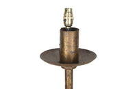 1950's Spanish gilt iron floor lamp of great decorative design with ringed stem and angular tripod base.