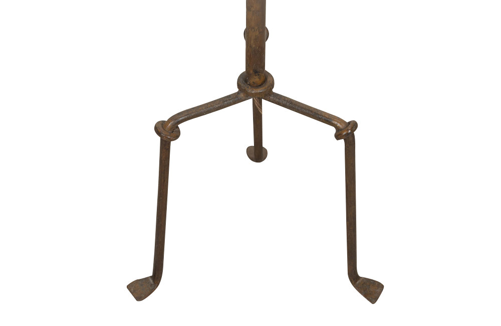 1950's Spanish gilt iron floor lamp of great decorative design with ringed stem and angular tripod base.