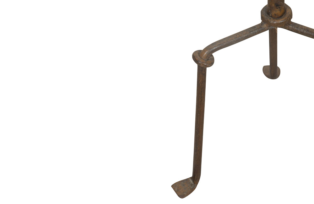 1950's Spanish gilt iron floor lamp of great decorative design with ringed stem and angular tripod base.