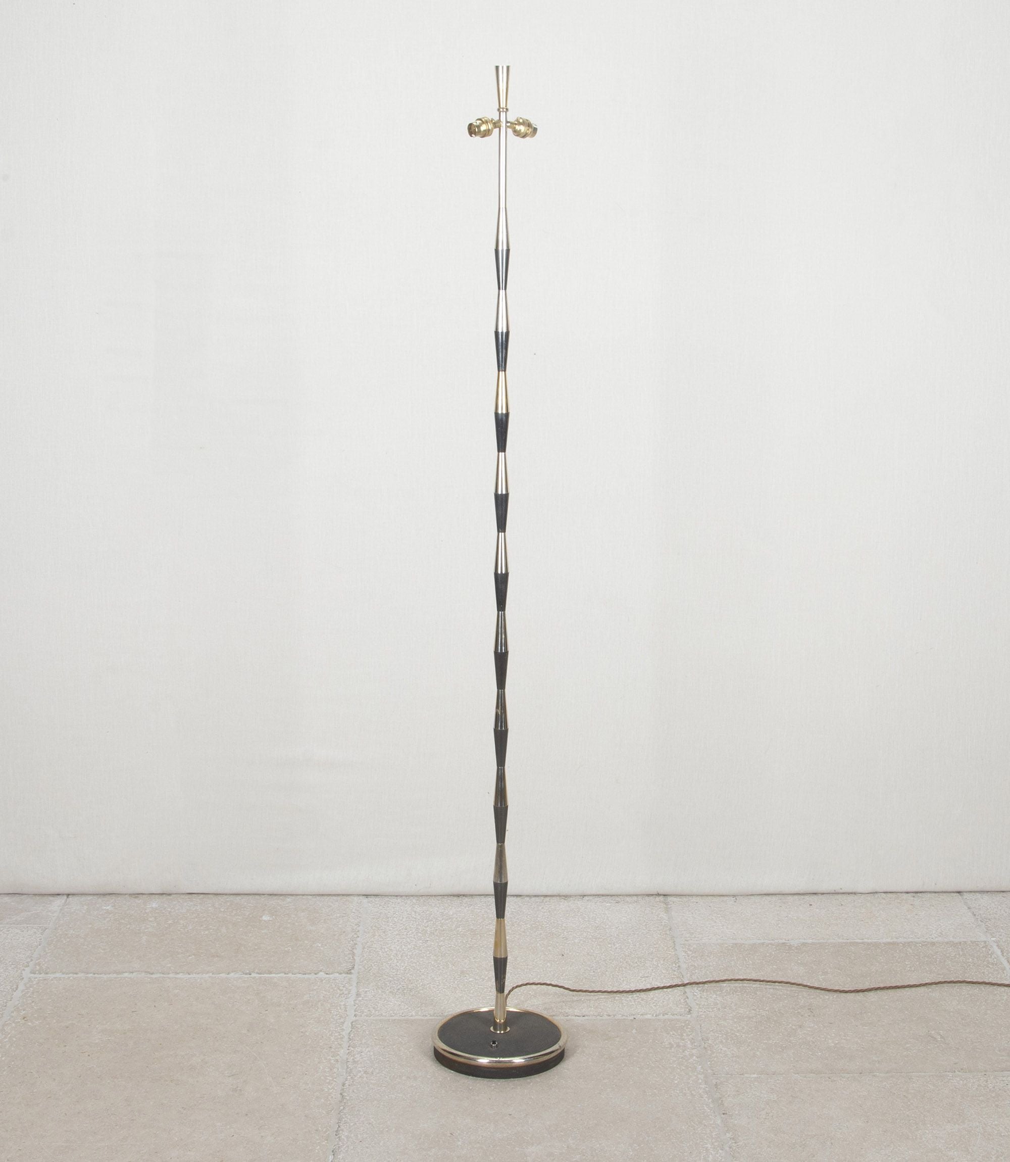 Mid-20th Century French floor lamp with gunmetal and brass striped finish.