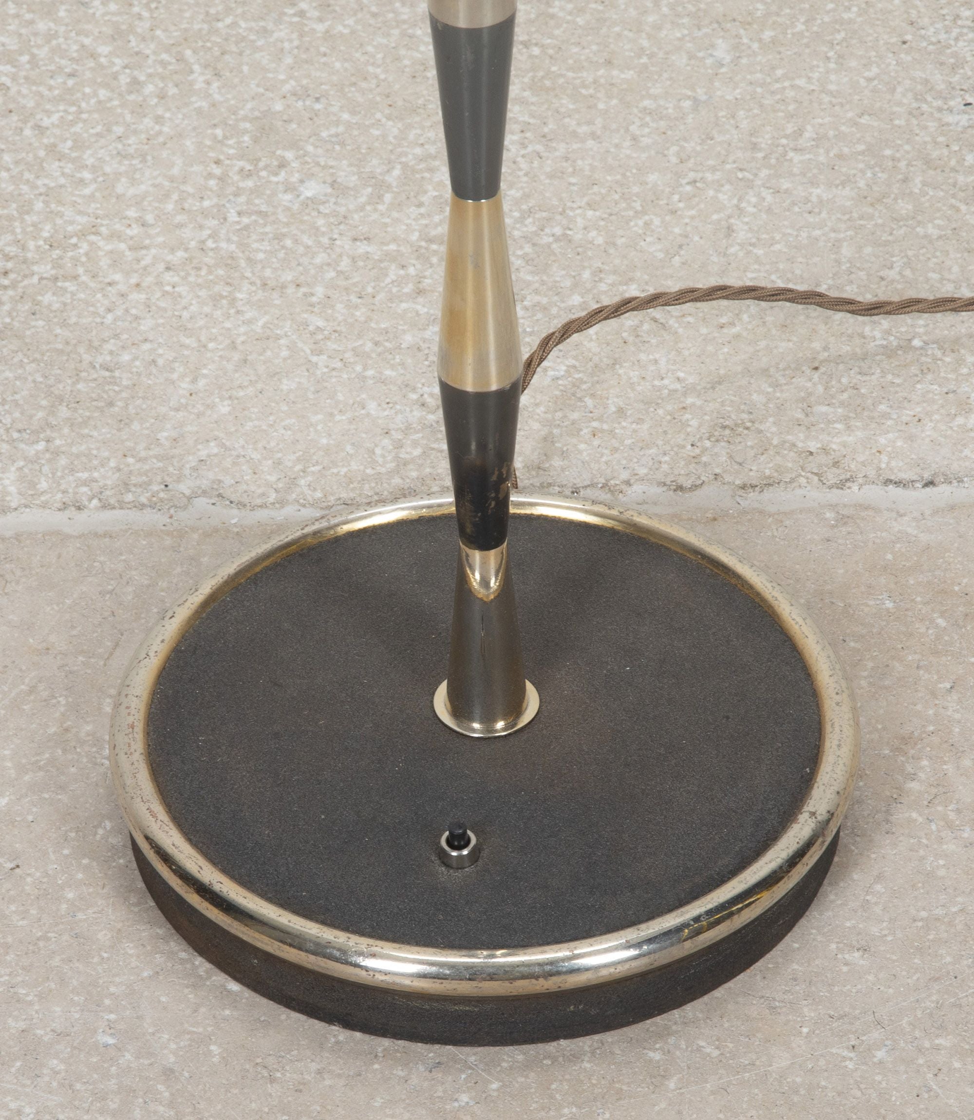 Mid-20th Century French floor lamp with gunmetal and brass striped finish.