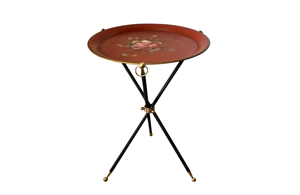 French mid century folding cocktail table with tole tray 