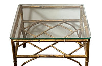 20th Century French square gilt metal faux bamboo coffee or end table with clear glass top.