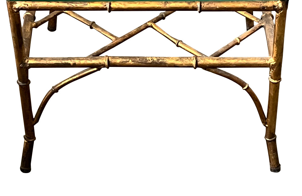 20th Century French square gilt metal faux bamboo coffee or end table with clear glass top.