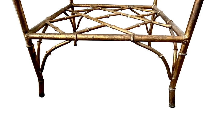 20th Century French square gilt metal faux bamboo coffee or end table with clear glass top.