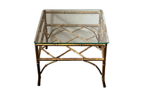 20th Century French square gilt metal faux bamboo coffee or end table with clear glass top.