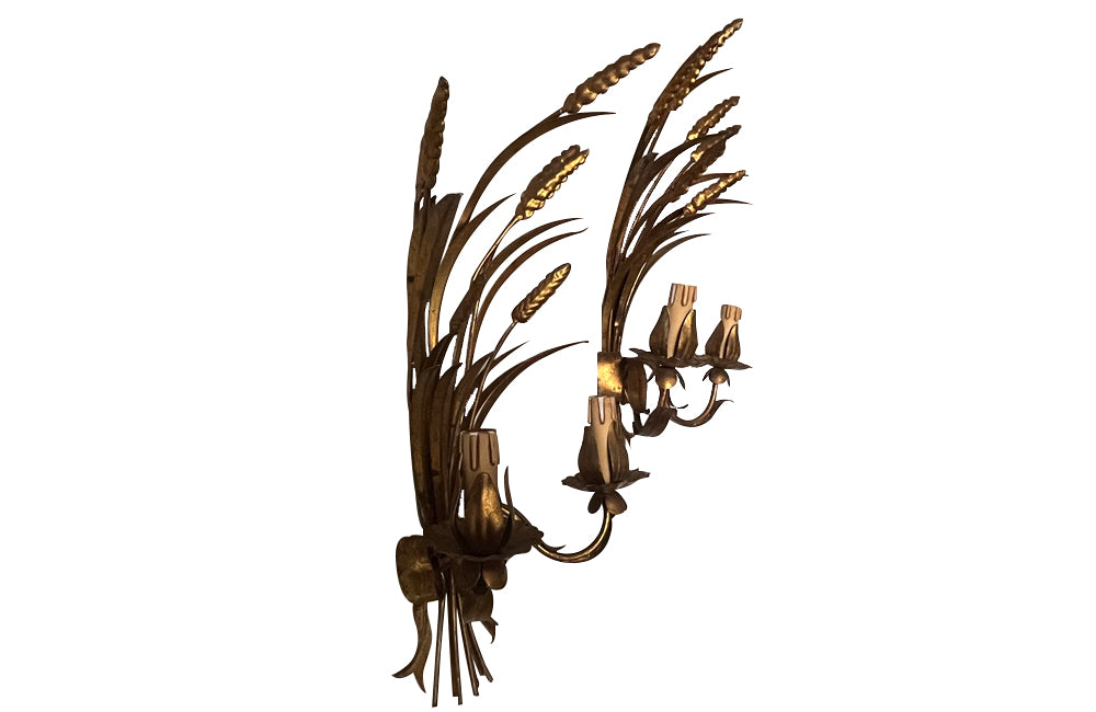 Exceptional pair of large Mid-20th Century French gilt tole wheat wall lights.