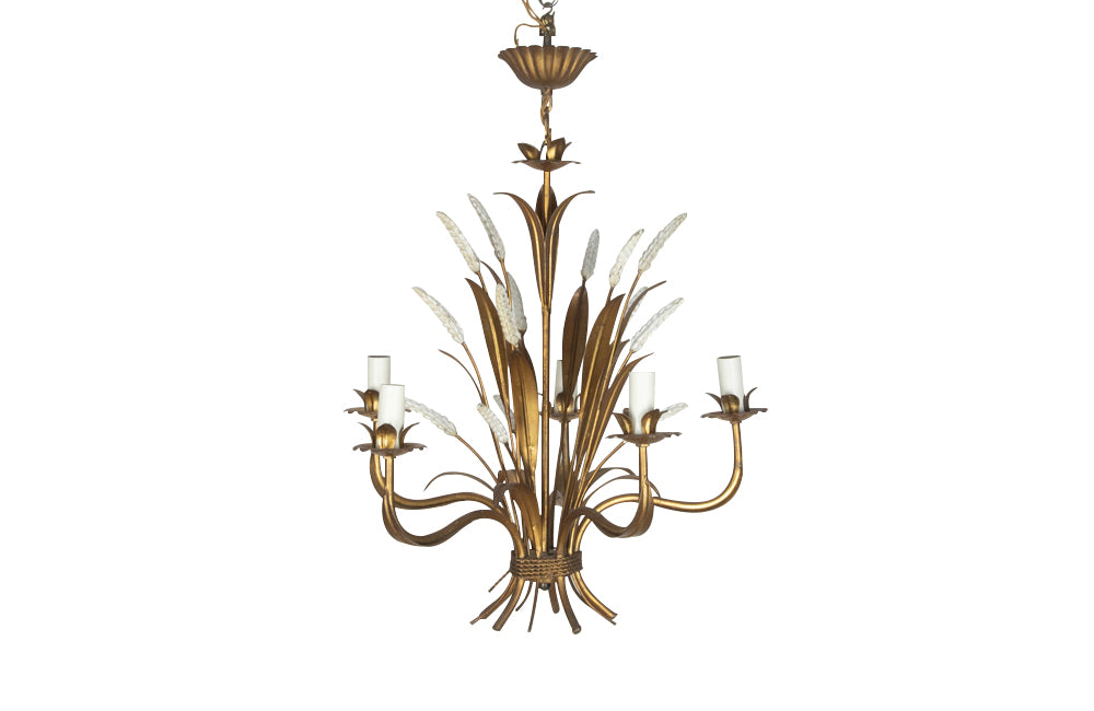 Mid-20th Century French gilt metal chandelier with polychrome white wheat ears.