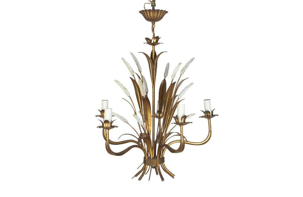 Mid-20th Century chandelier wheat sheaf design in gilt metal with polychrome white wheat ears. French Antique Chandeliers.