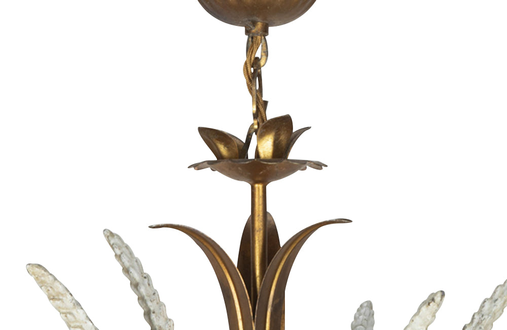 Mid-20th Century chandelier wheat sheaf design in gilt metal with polychrome white wheat ears. French Antique Chandeliers.