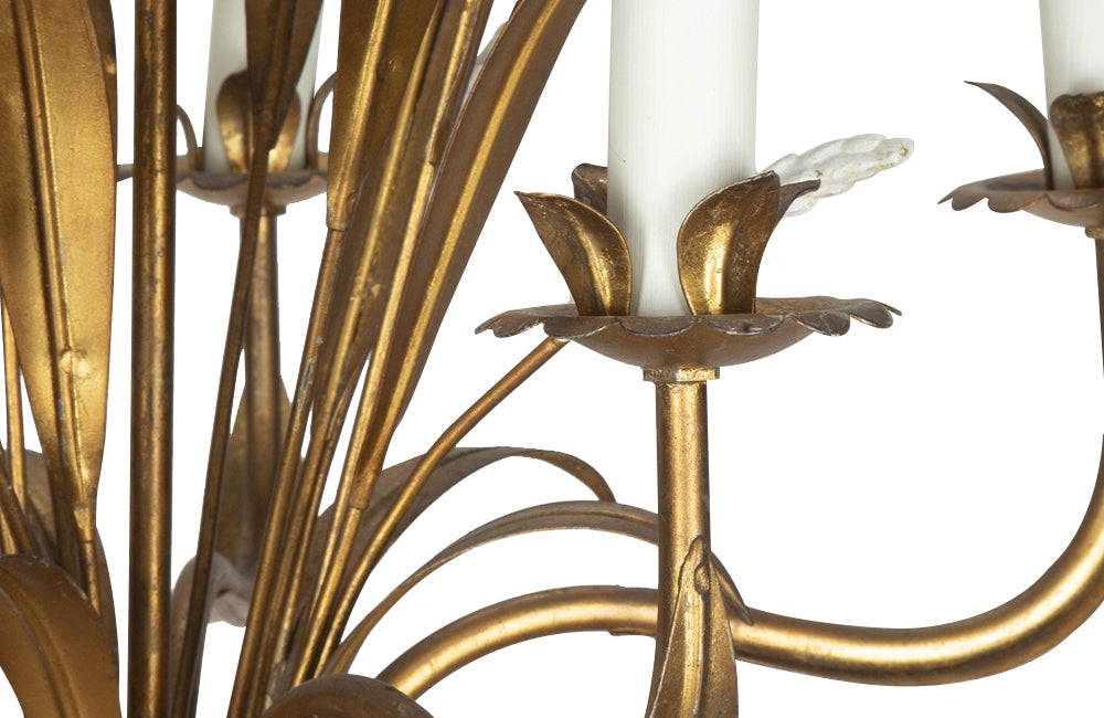 Mid-20th Century chandelier wheat sheaf design in gilt metal with polychrome white wheat ears. French Antique Chandeliers.