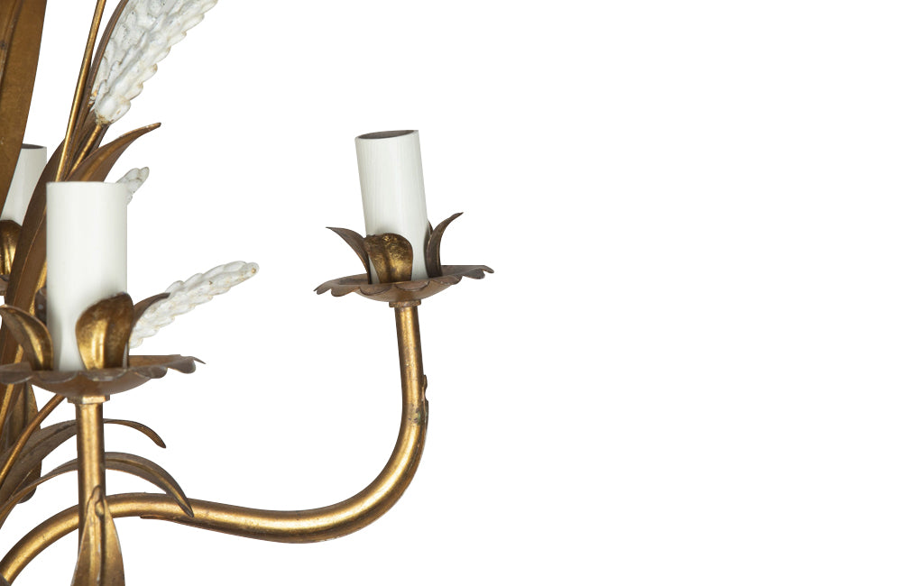 Mid-20th Century chandelier wheat sheaf design in gilt metal with polychrome white wheat ears. French Antique Chandeliers.