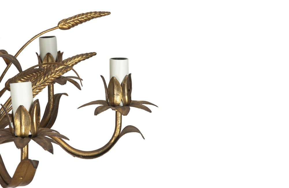 Mid-Century French Hollywood Regency style, gilt tole wheat sheaf chandelier.