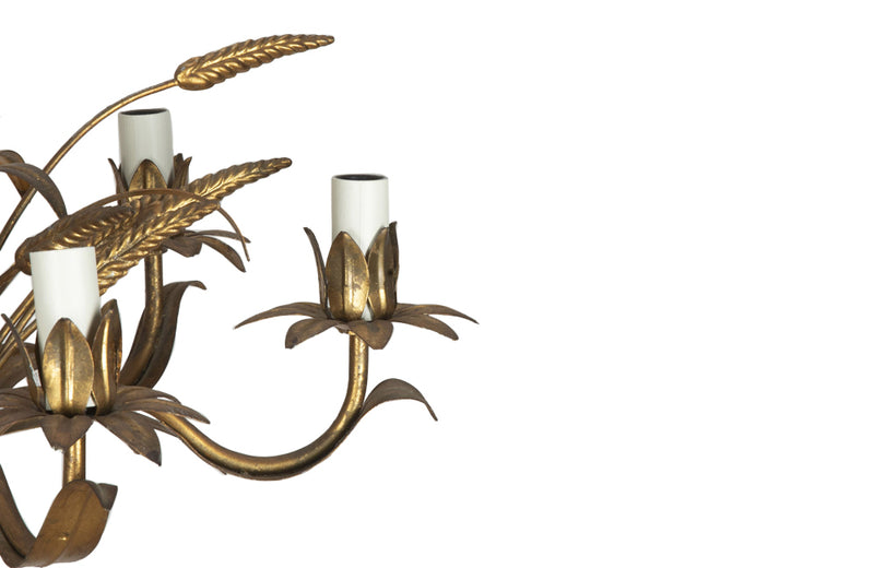 Mid-Century French Hollywood Regency style, gilt tole wheat sheaf chandelier.