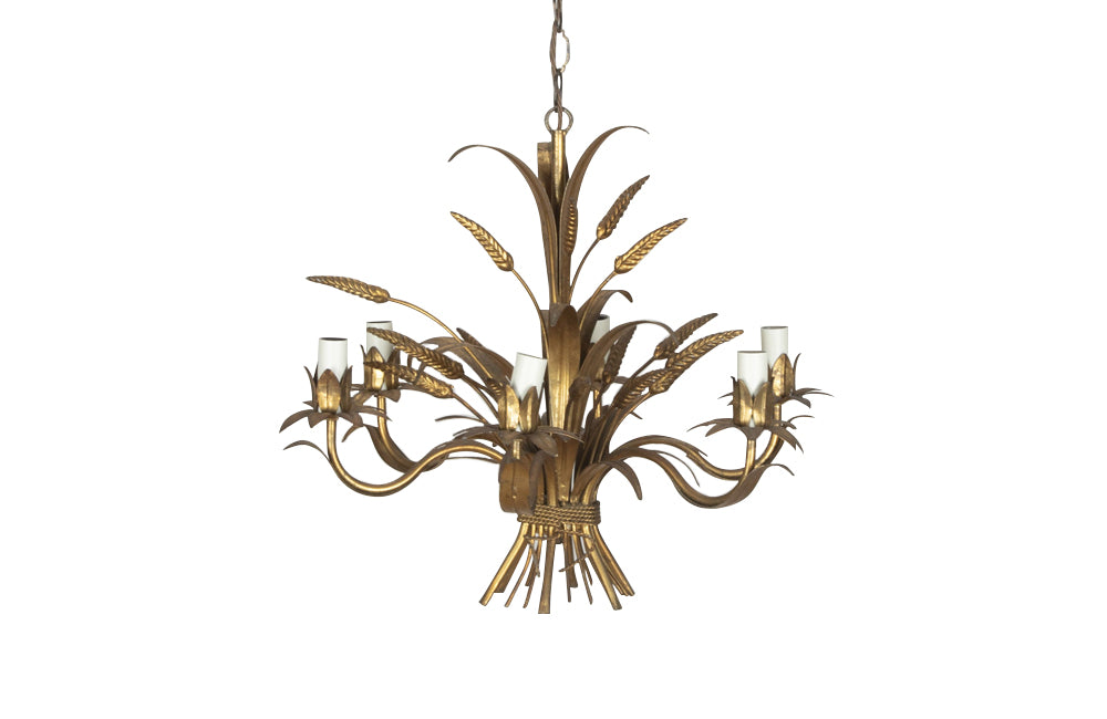 Mid-Century French Hollywood Regency style, gilt tole wheat sheaf chandelier.