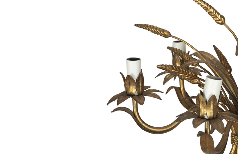 Mid-Century French Hollywood Regency style, gilt tole wheat sheaf chandelier.