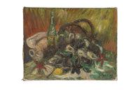 Mid-Century French oil on canvas painting of a basket of shellfish.