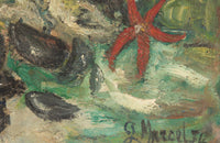 Mid-Century French oil on canvas painting of a basket of shellfish.