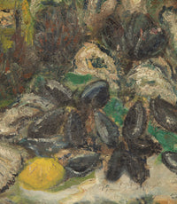 Mid-Century French oil on canvas painting of a basket of shellfish.