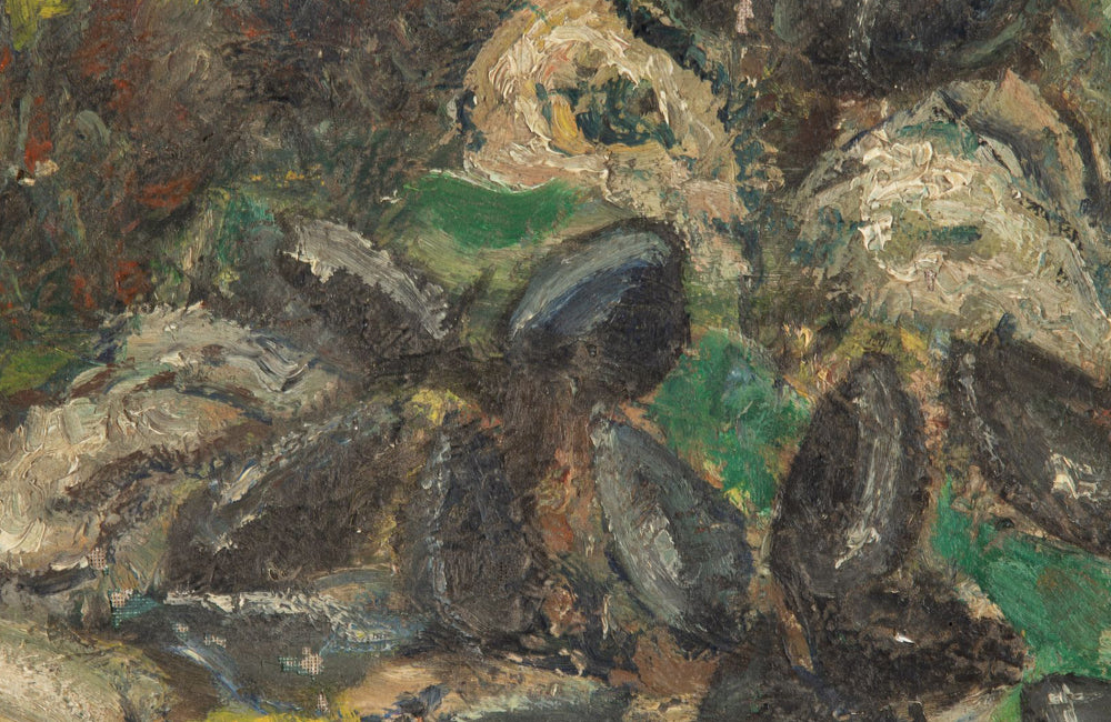 Mid-Century French oil on canvas painting of a basket of shellfish.