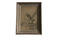 Mid century framed drawing of a Pin Up Girl with a Pug Dog - vintage French wall art