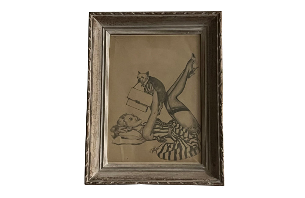 Mid century framed drawing of a Pin Up Girl with a Pug Dog - vintage French wall art