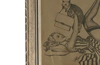Mid century framed drawing of a Pin Up Girl with a Pug Dog - vintage French wall art
