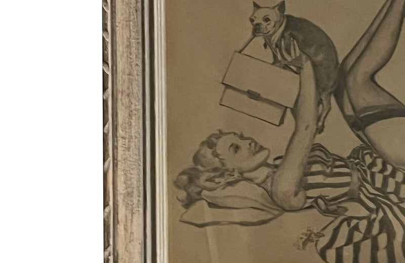 Mid century framed drawing of a Pin Up Girl with a Pug Dog - vintage French wall art