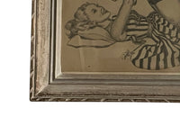 Mid century framed drawing of a Pin Up Girl with a Pug Dog - vintage French wall art