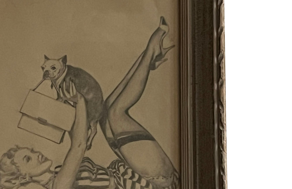 Mid century framed drawing of a Pin Up Girl with a Pug Dog - vintage French wall art