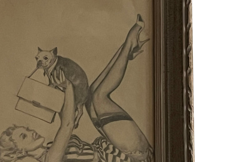 Mid century framed drawing of a Pin Up Girl with a Pug Dog - vintage French wall art