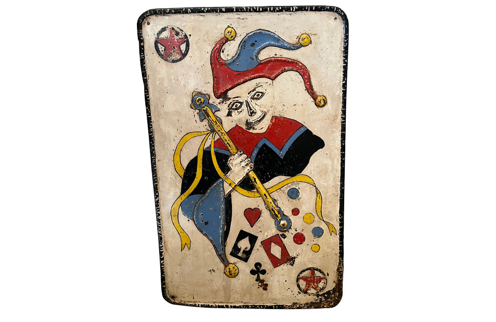 Mid century metal sign of a joker playing card fairground sign French